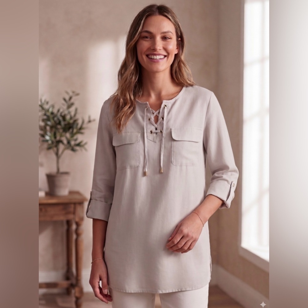 Ellen Tracy Beige Linen Lace-Up Tunic Top Women L/XL Roll Tab Sleeves SKU 12